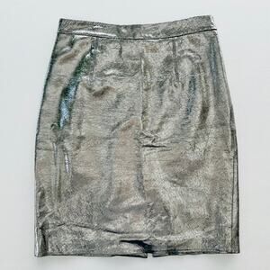 Milly Silver Midi Leather Skirt Size 4 Crinkle Print Knee Length Pencil Business